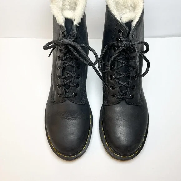 Dr Martens Boots Size 8 Black Leather 1460 Serena Faux Fur Lined Lace Up - Picture 5 of 14